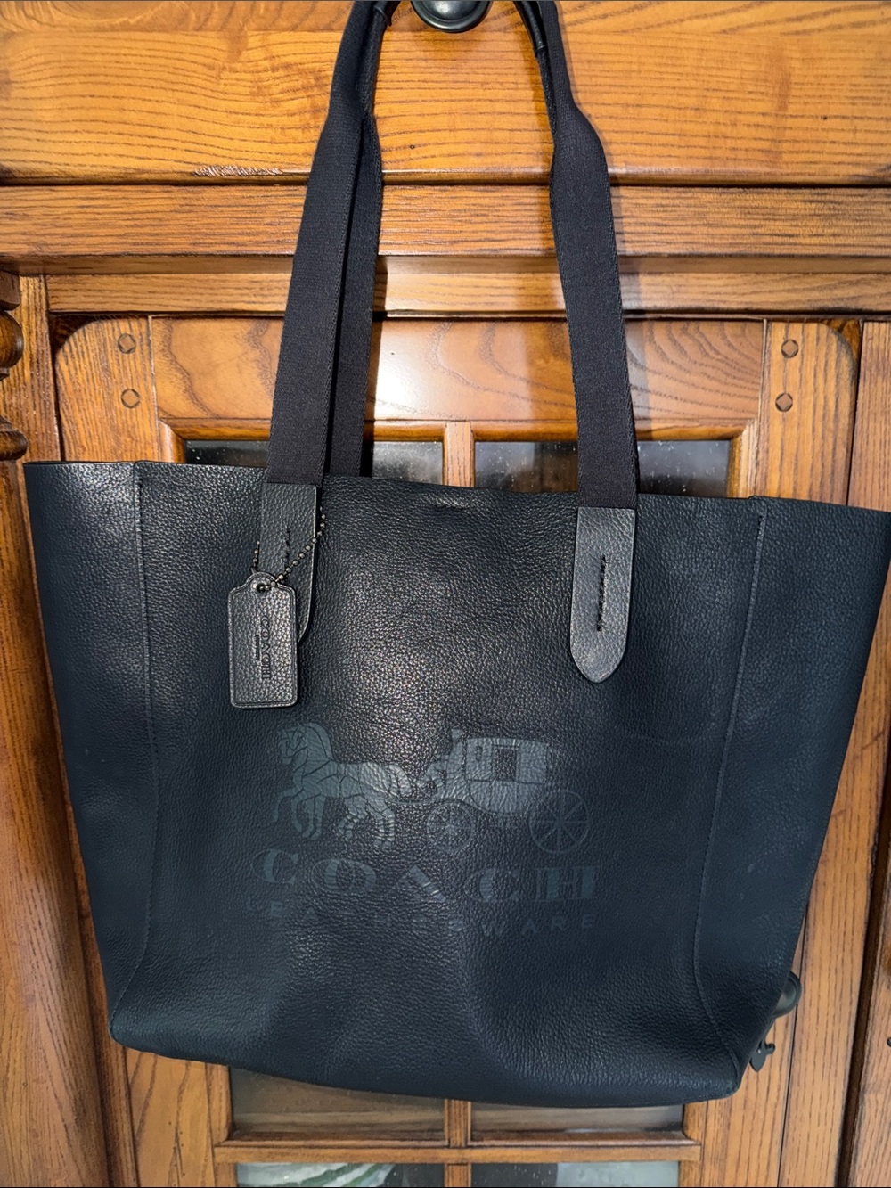 Coach Black Leather Tote with Embossed Horse & Carriage Logo